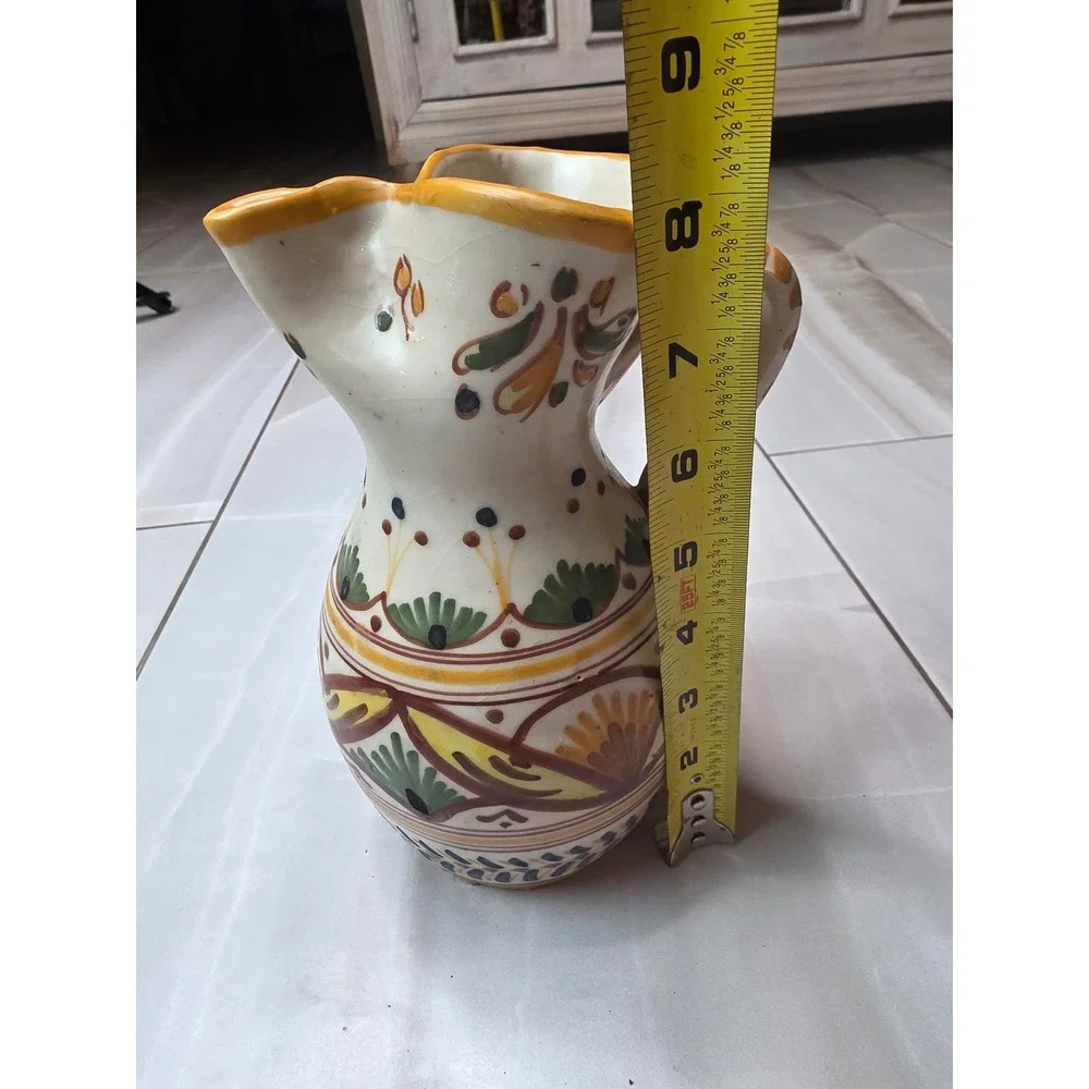 Vintage Toledo G.M. Spanish Hand‎ Painted Ceramic Pitcher Pottery Spouted Jug E1